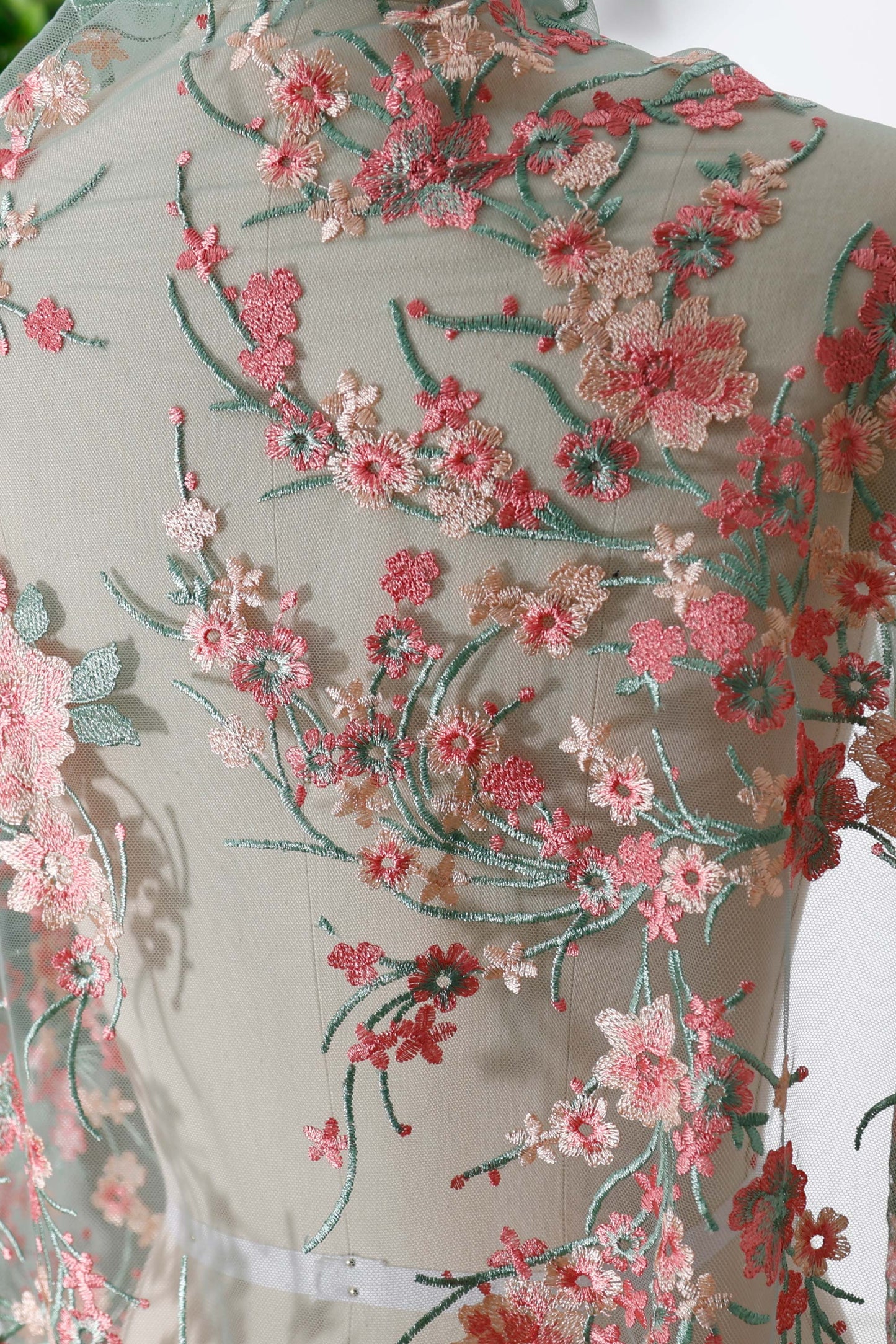 Sage Green Tulle with Pink Floral Embroidery Fabric