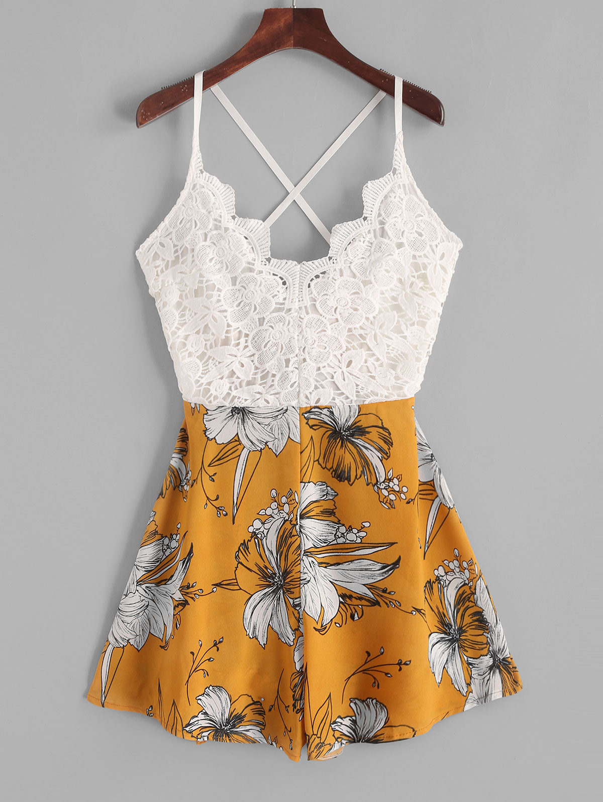 Knotted Back Lace Panel Floral Cami Romper