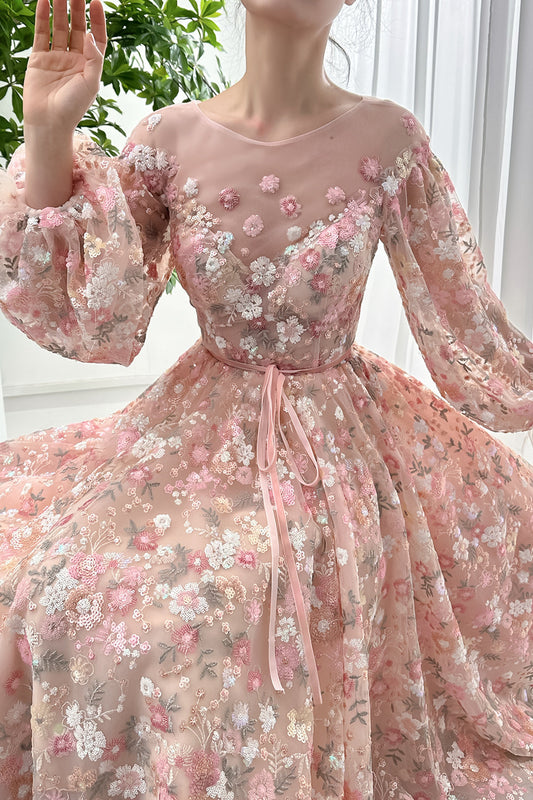 long Sleeves Illusion Boat Neck Sequin Floral Dress