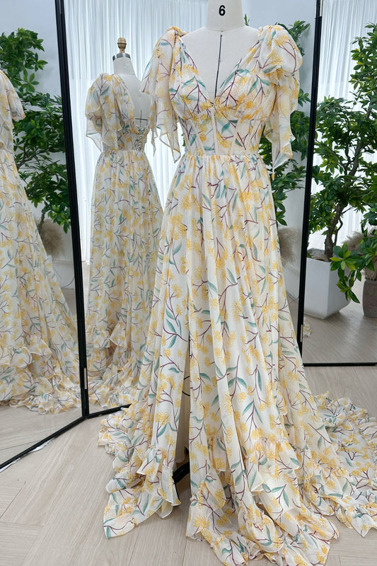 Infinity Corset Floral Print Chiffon Long Dress with Slit