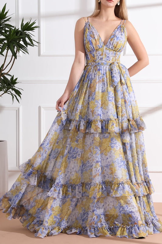 Straps V Neck Corset Tiered Floral Chiffon Long Dress