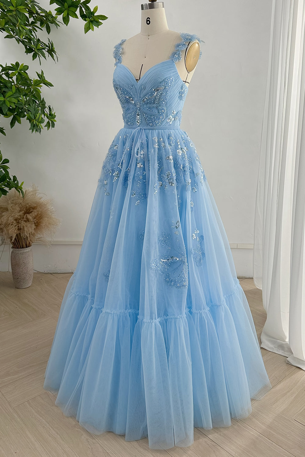 V Neck Beaded Butterfly Sky Blue Long Dress
