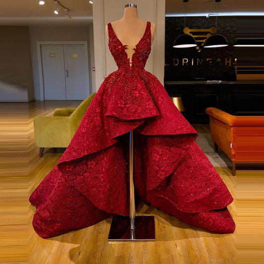 High Low  Appliques Deep V-Neck Ruffles