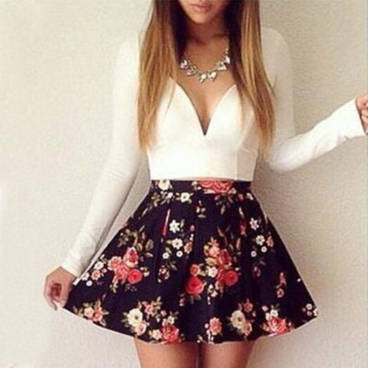 V-neck Long-sleeved Low-cut Floral Mini Dress